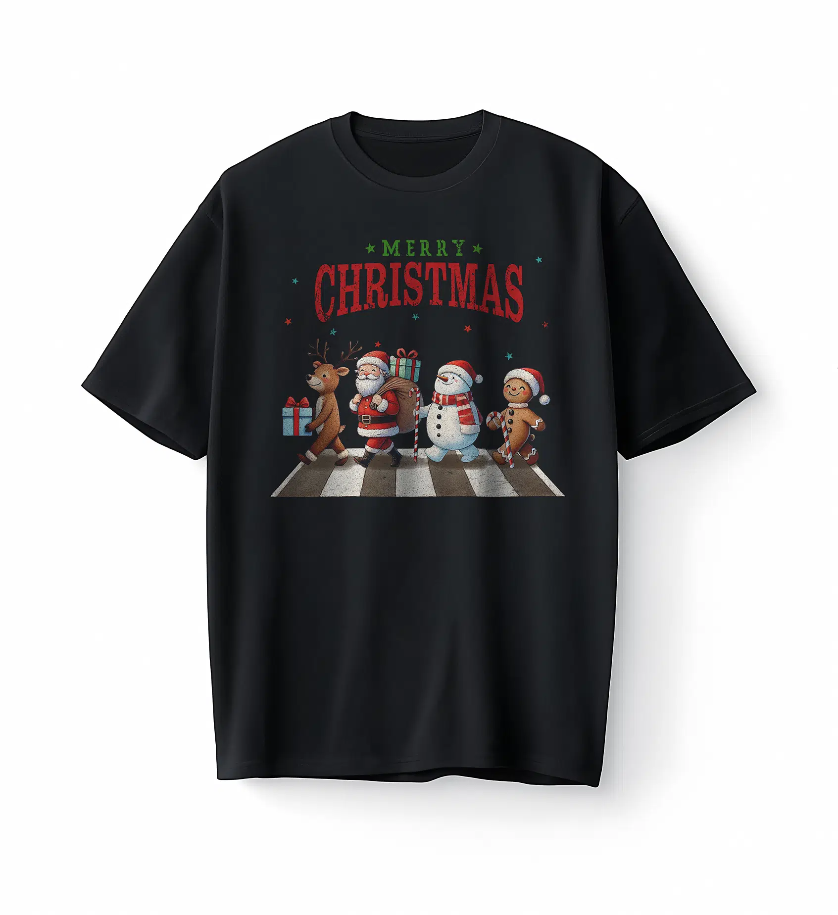Bumeta Christmas Crossing Santa Geyik ve Kardan Adam Baskılı Oversize Unisex Tişört T-Shirt