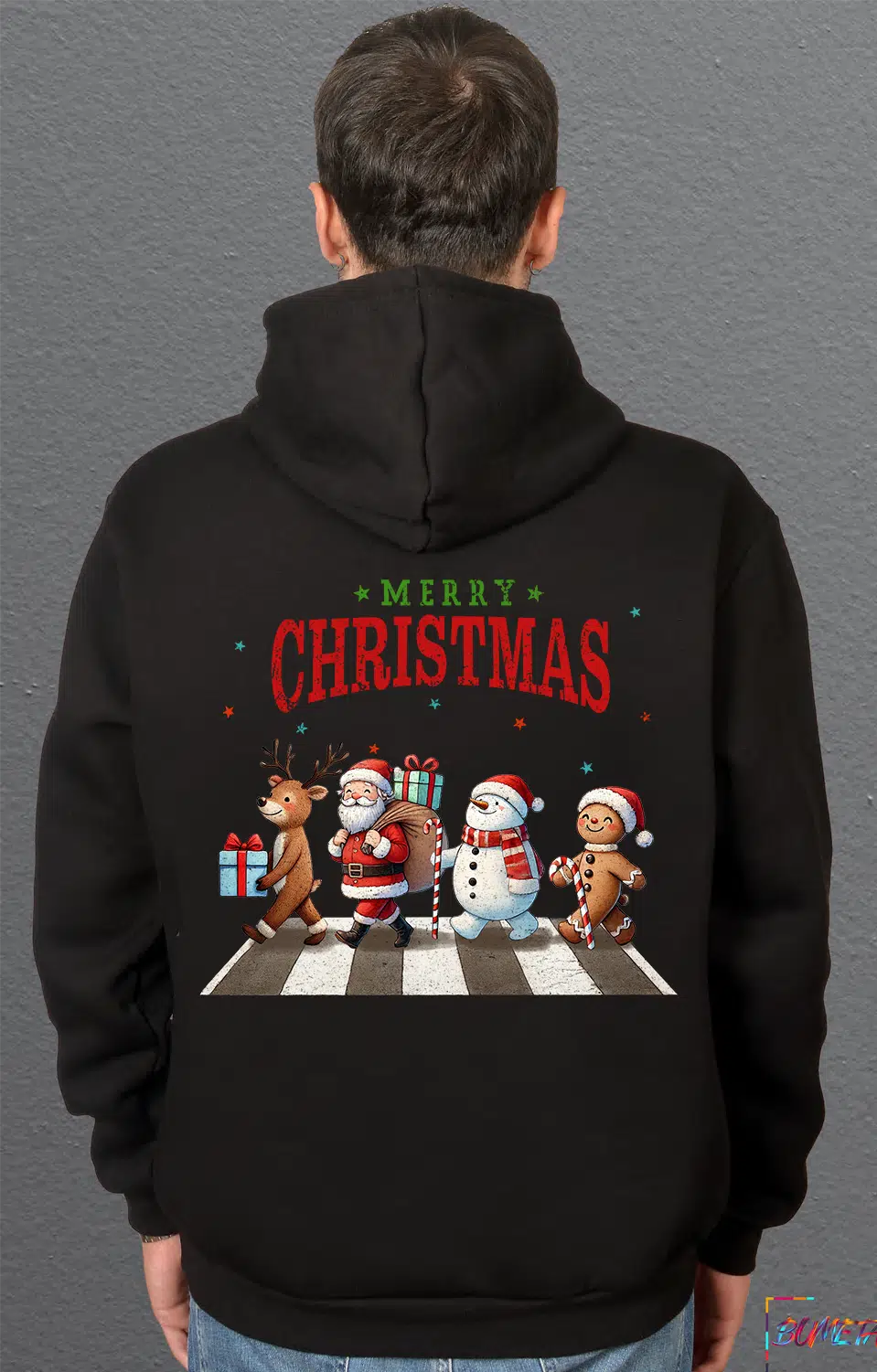 Bumeta Christmas Crossing Santa Geyik ve Kardan Adam Baskılı Sweatshirt Unisex Kapüşonlu Hoodie