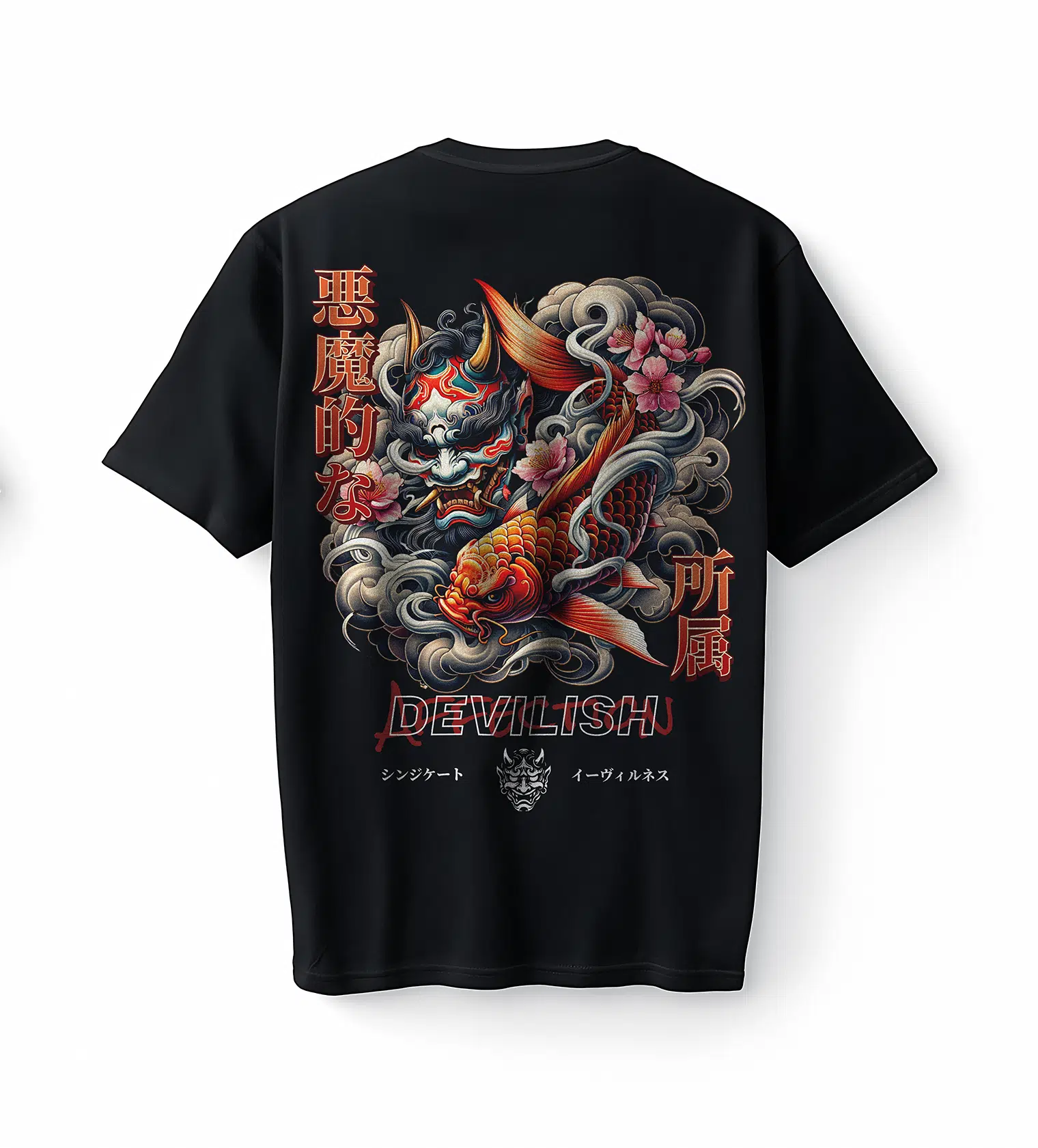 Bumeta Devilish Oni Mask Koi Balığı Japon Anime Baskılı Oversize Unisex Tişört T-Shirt