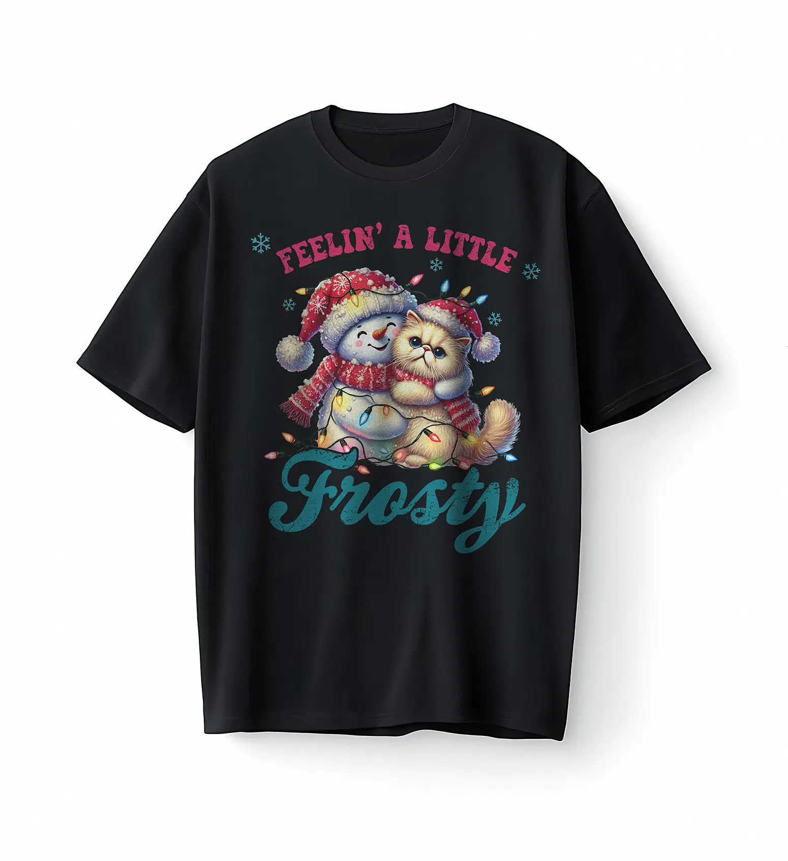 Bumeta Frosty Snowman & Cat Hoodie Noel Oversize Unisex Tişört T-Shirt