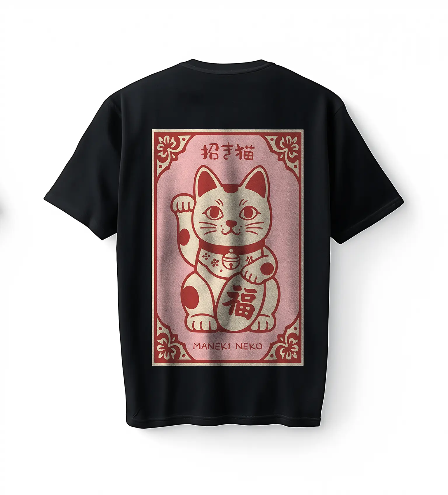 Bumeta Maneki Neko Şans Kedisi Baskılı Japon Tarzı Lucky Cat Graphic Streetwear Oversize Unisex Tişört T-Shirt