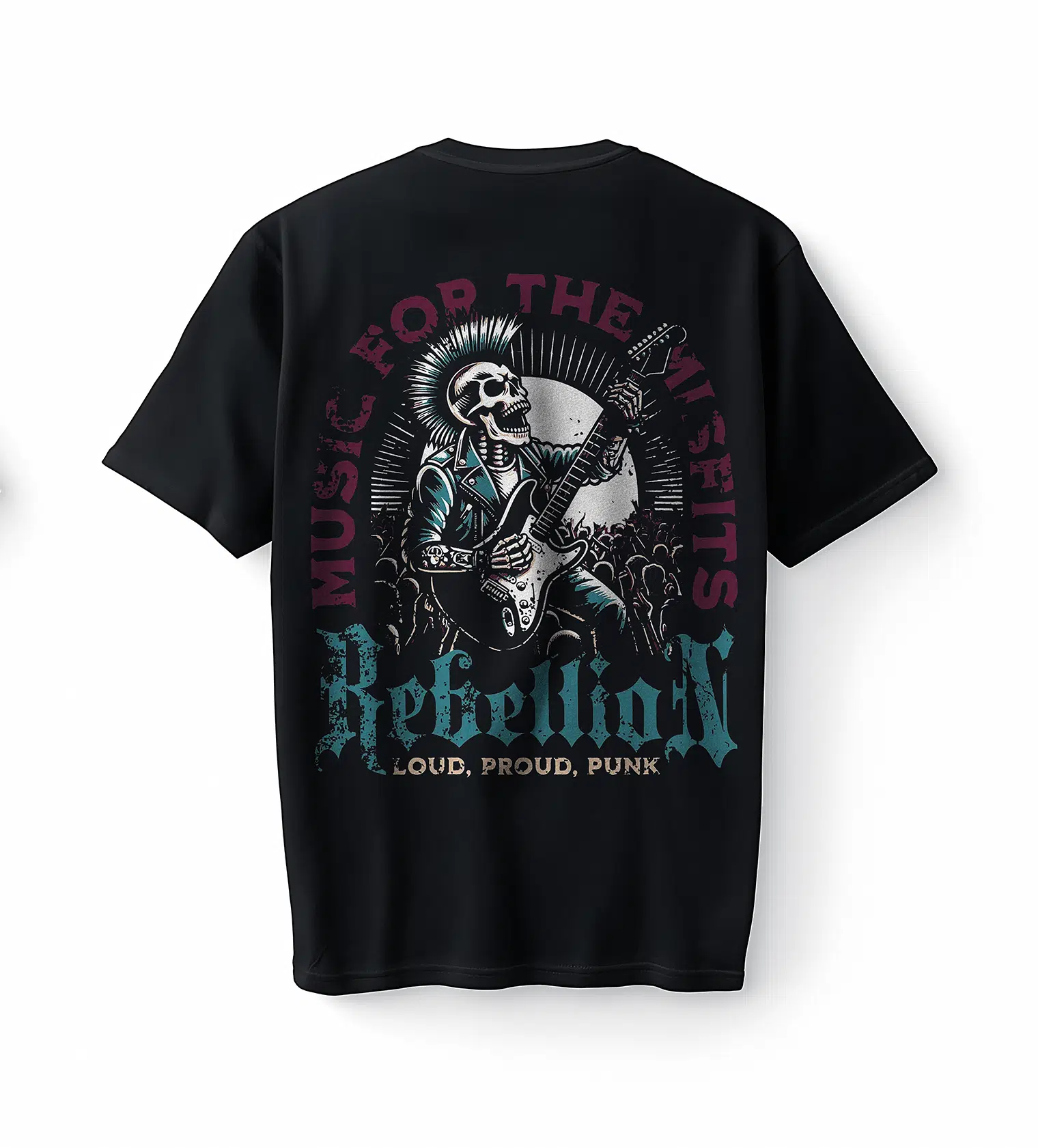 Bumeta Punk Rock İskelet Gitar Baskılı Oversize Unisex Tişört T-Shirt